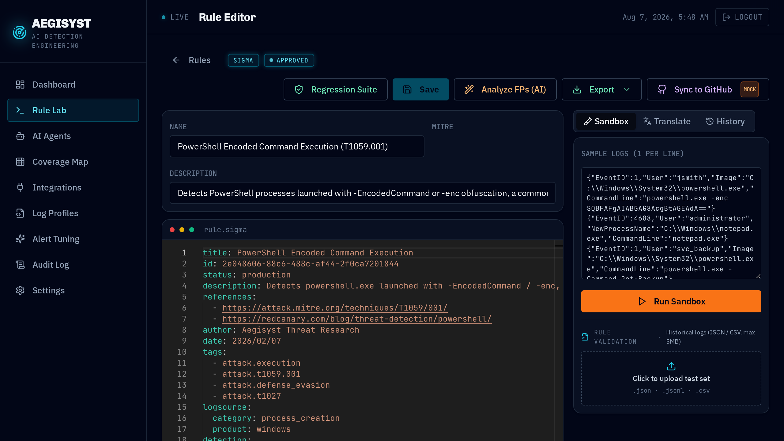 Aegisyst Rule Lab — Monaco editor with a Sigma detection open, live sandbox and MITRE tags on the right